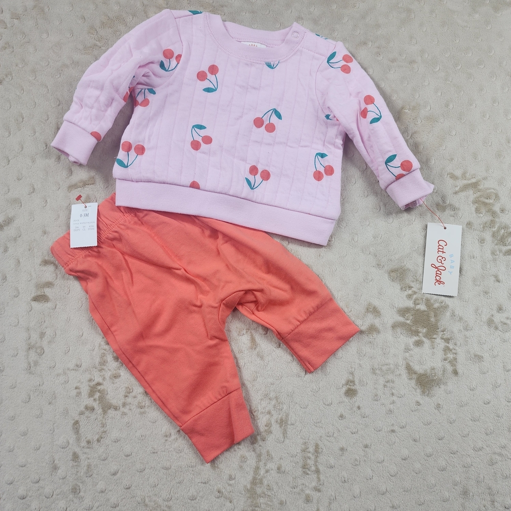 NWT Cat & Jack Pink Cherry Top and Coral Pants Set Infant Baby Size 0-3 months